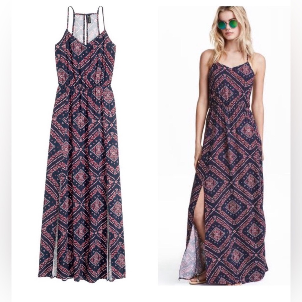 H&M Maxi Dress Geometric Navy Pink Spaghetti Strap Open Back Slit Bottom Women 6